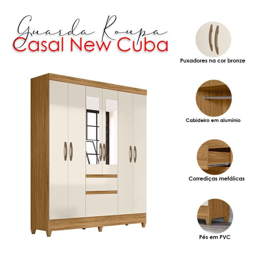 Guarda Roupa Casal New Cuba com espelho e Cômoda Venus com Pés Freijó Off White - Moval