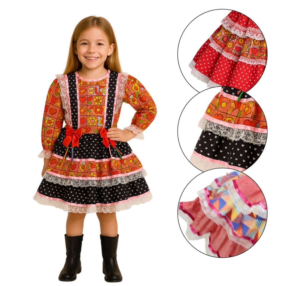 Vestido Junino Infantil Miss Caipirinha Luxo Saia Babado Vestido Festa Junina Caipira Arraiá Quadrilha São João