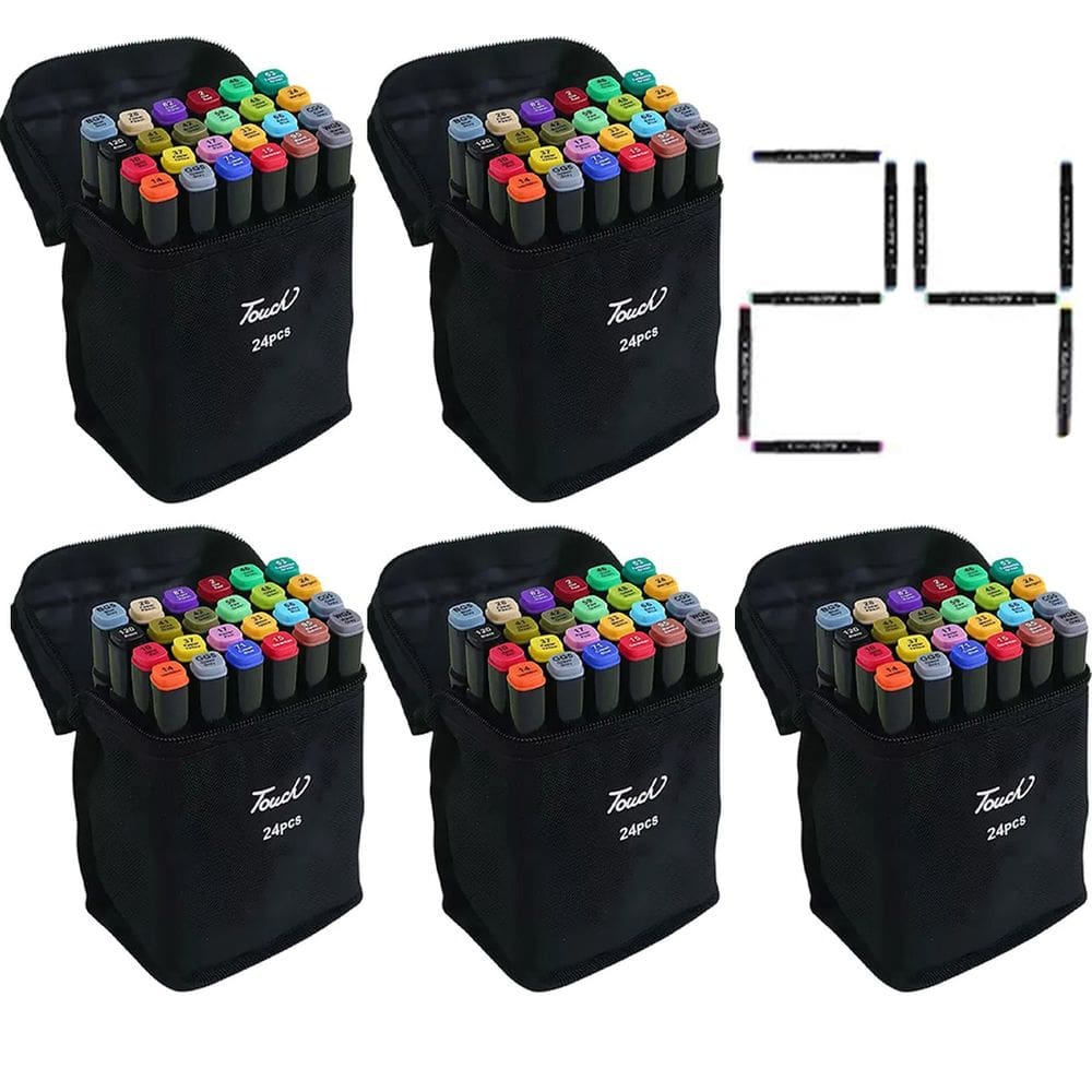 Canetinhas 24 Cores Caneta Ponta Dupla Kit 5 Uni Estojo Bolsa Alça Desenho Pintura