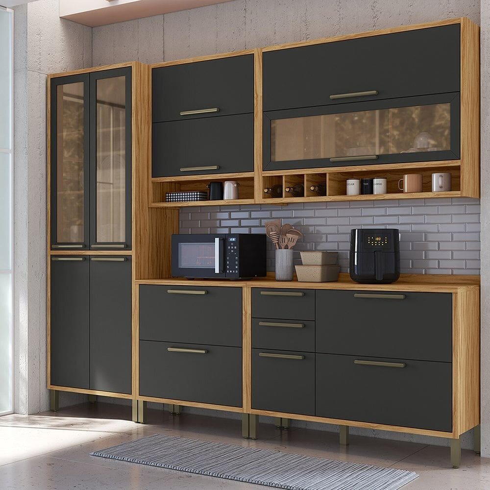 Cozinha Compacta 5 Peças Vicenza Espresso Móveis Amêndoa/Cinza