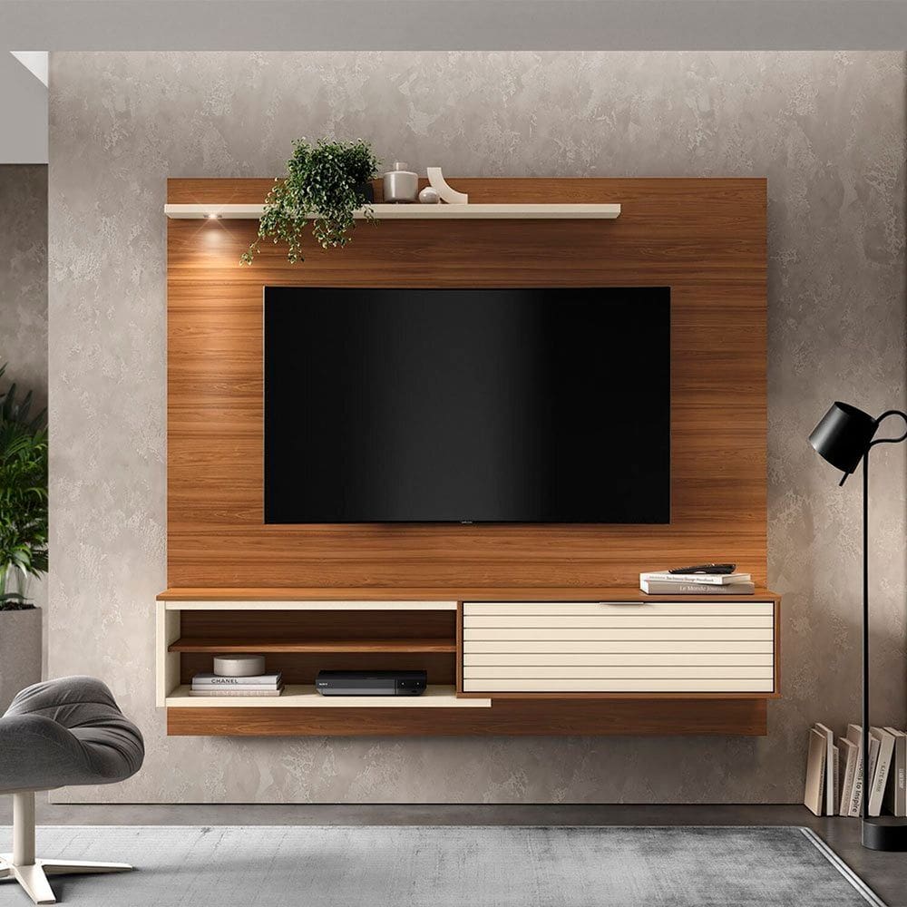 Painel para Tv 70 Polegadas com Led Suspenso Living Cinamomo Mel / Perola Metalizado