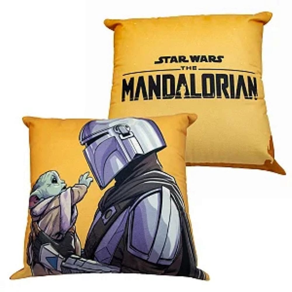 Almofada Baby Yoda E Mando Quadrada Aveludada 40x40cm Oficial The Mandalorian Star Wars