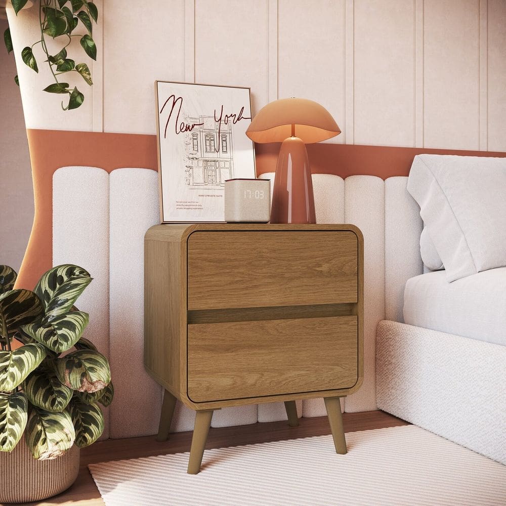 Mesa de Cabeceira com 2 Gavetas Curve Carvalho Xingu