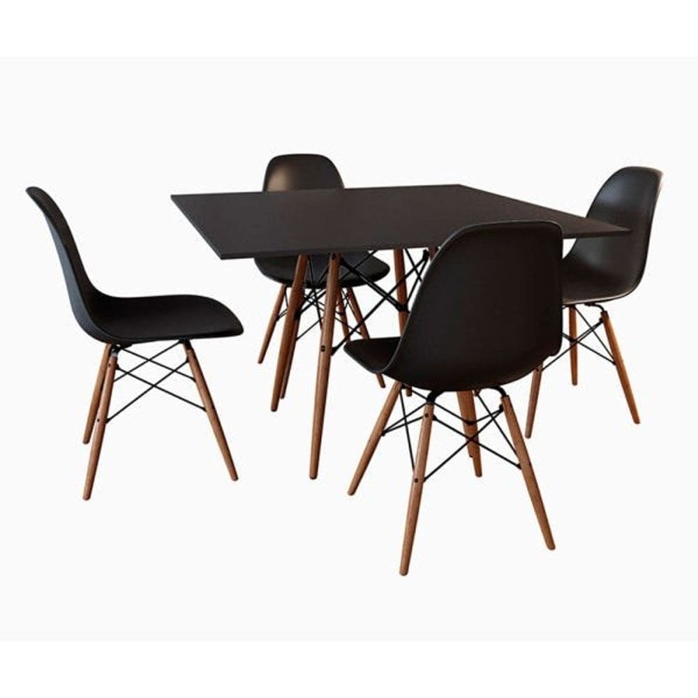 Conjunto de Mesa de Jantar Eames Eiffel Quadrada 90cm Tampo de Madeira Preto com 4 Cadeiras Pretas