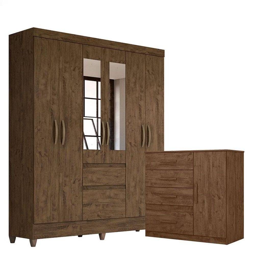 Guarda Roupa Casal New Cuba com Espelho e Cômoda Venus Castanho Wood Flex- Moval