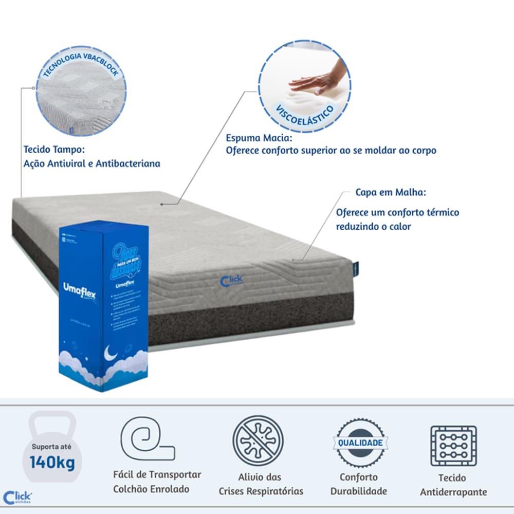 Colchão Umaflex Fit Visco Enrolado na caixa Solteiro 88x188x25