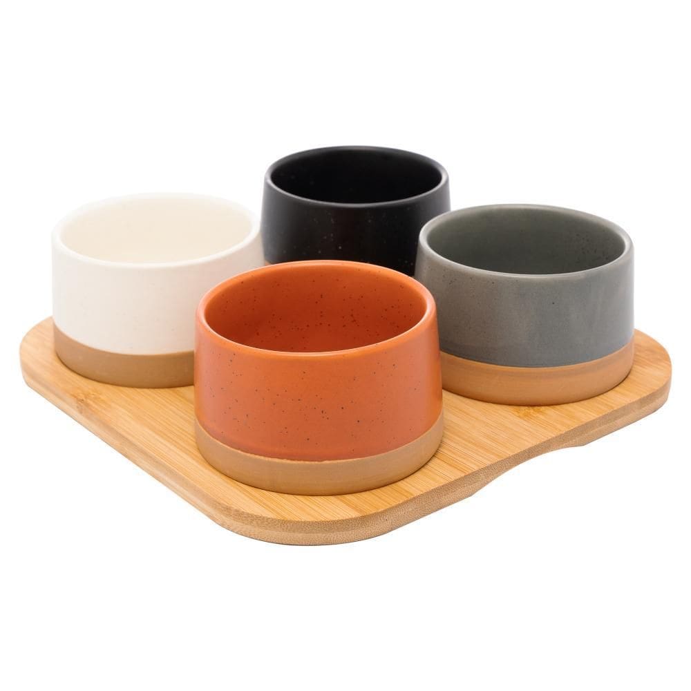 4 Petisqueiras com Bandeja de Bambu 22x22x5,5cm - Lyor