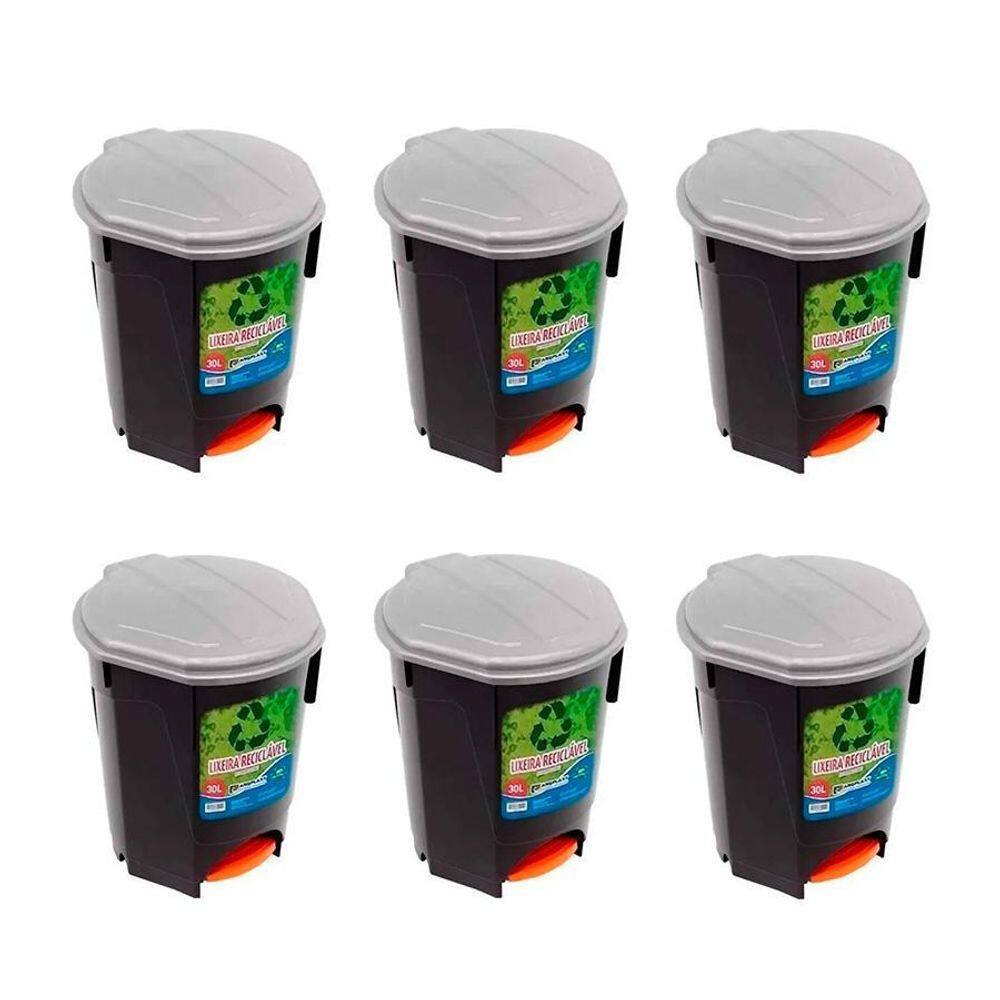 Kit 6 Lixeiras 30L Com Pedal Preta Multiuso Arqplast