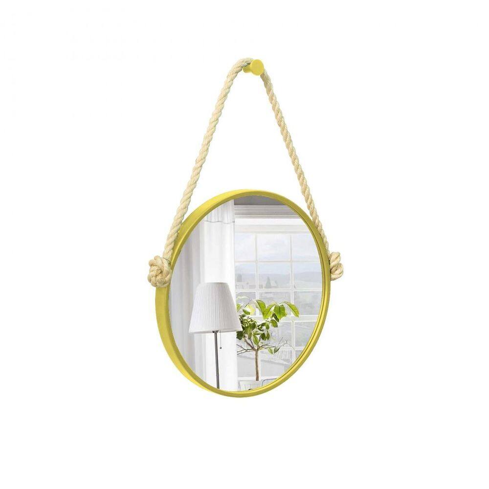 Espelho Decorativo Adnet Amarelo Alça Sisal Natural 40Cm