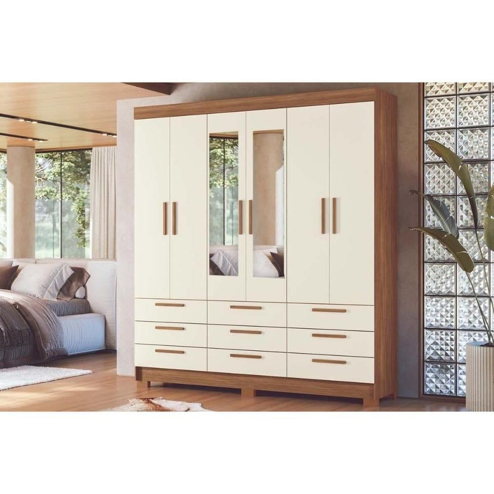 Guarda Roupa Casal 6 Portas (2 c/ Espelho) e 9 Gavetas c/ Pés Colombo 6.9 Jatoba/Areia - Santos Andirá