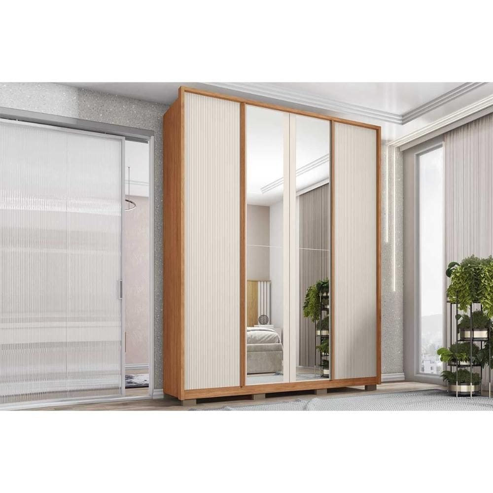 Guarda Roupa Solteiro 4 Portas (2 c/ Espelho) e 3 Gavetas Lior Lux Freijo/Off White Mr - Caemmun