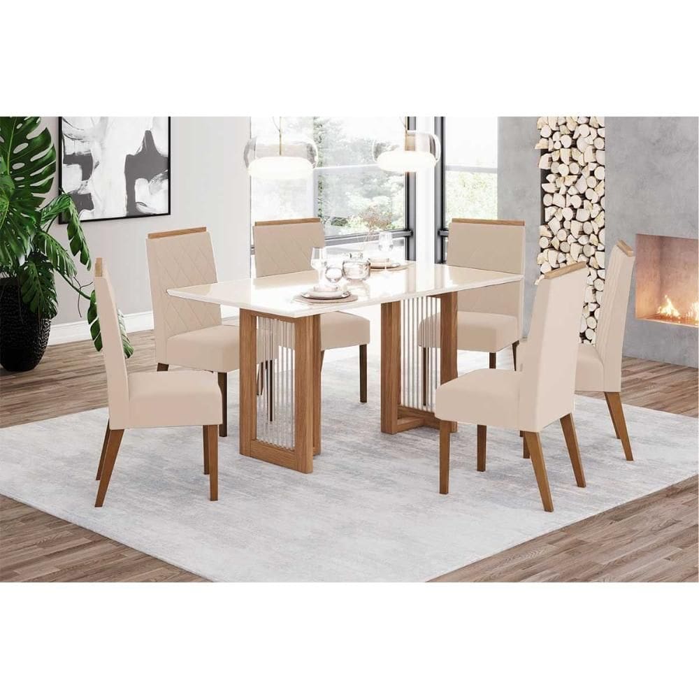 Sala de Jantar Completa Yara c/ Tampo Madeirado c/ Vidro Reto 160x90cm e 6 Cadeiras Nina Nature/Suede Light Linho - Henn