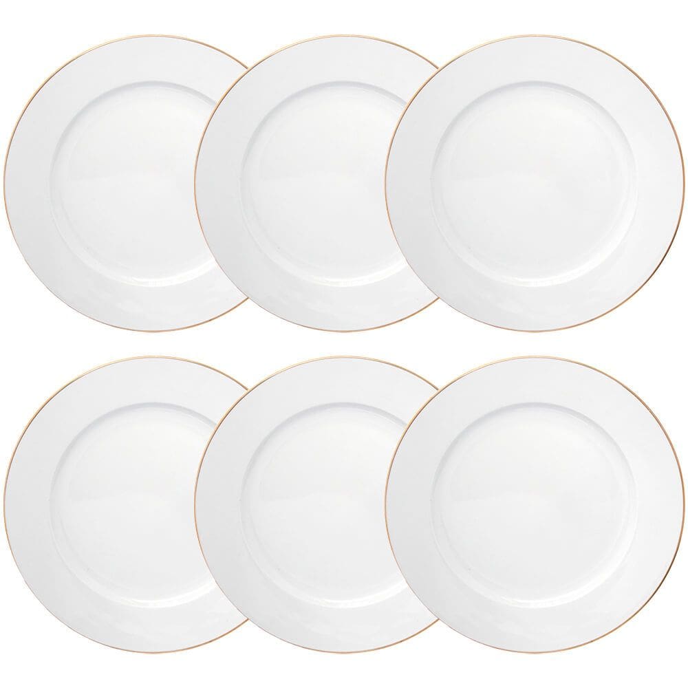 Jogo de Pratos de Sobremesa Porcelana Royal Branco Fio de Ouro 20cm 6 peças - Hauskraft