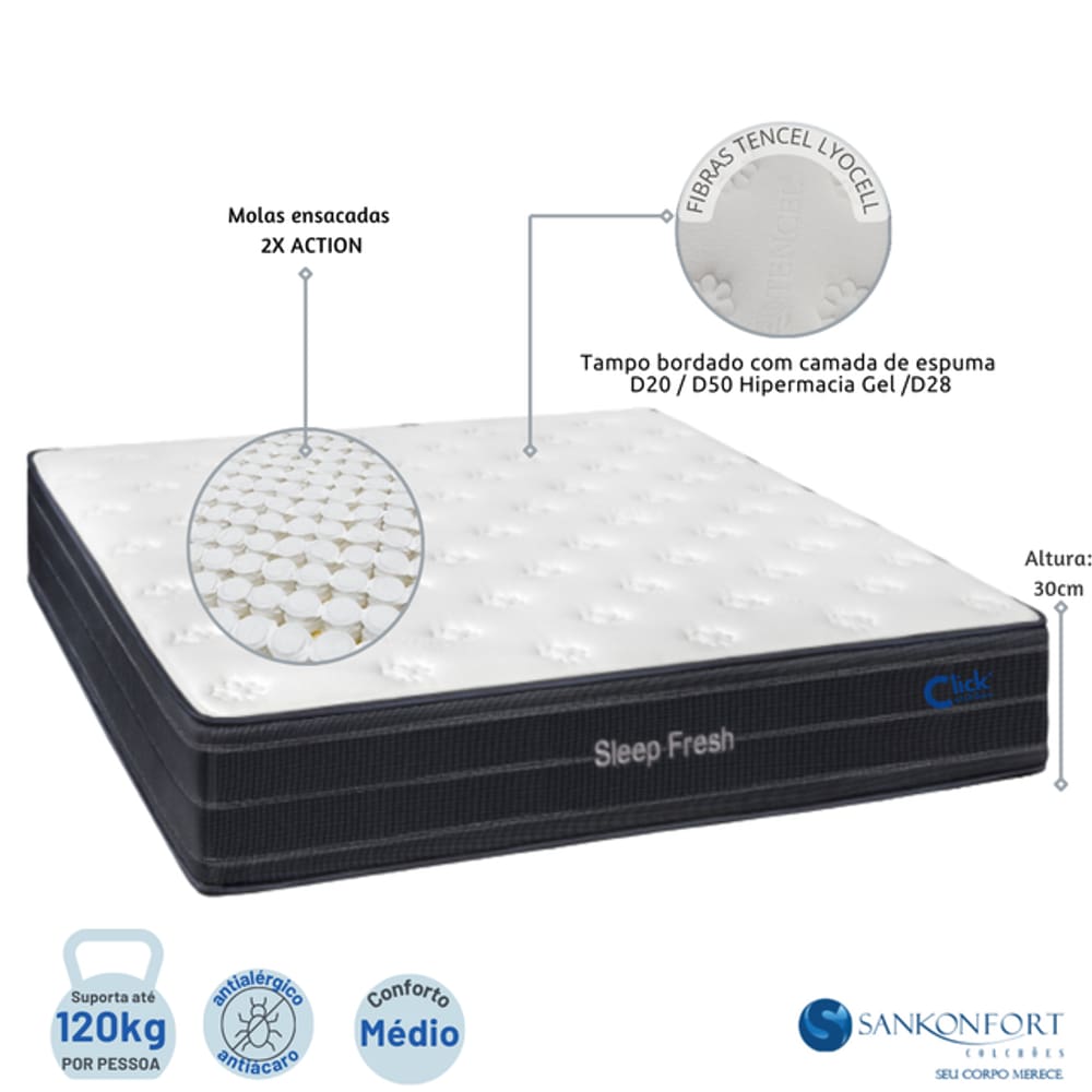 Colchão Sankonfort Sleep Fresh Molas Ensacadas Viúva 128x188x30