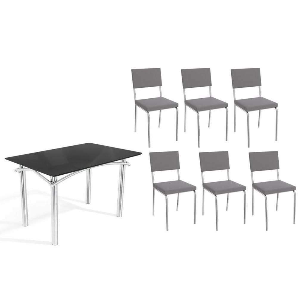 Conjunto: Mesa Sala Jantar Elba Tampo Madeirado c/ Vidro 120cm e 6 Cadeiras Zaria Cromada/Preto - Suede Cinza - Kappesberg