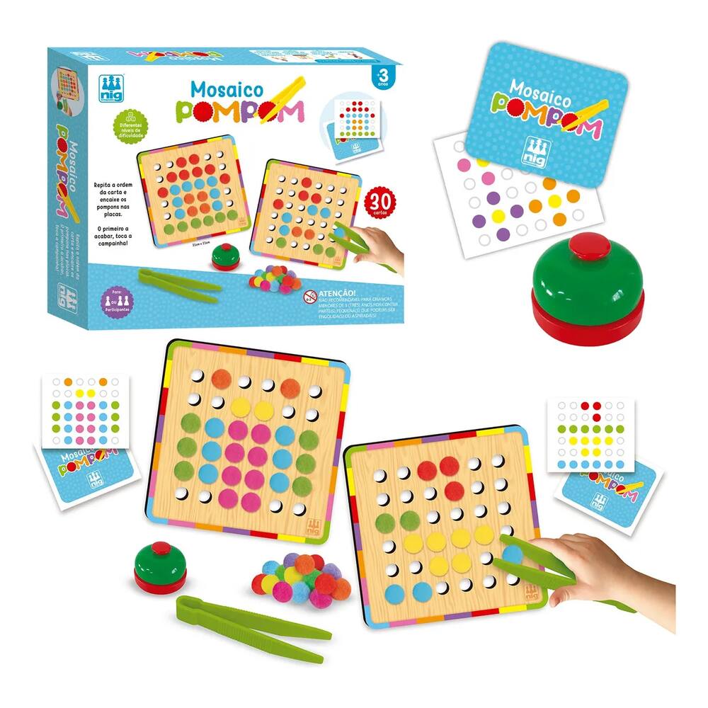 Jogo Educativo Mosaico Pompom Em Madeira - Nig Brinquedos