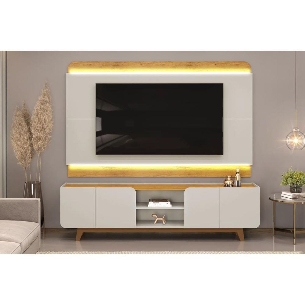 Estante p/ Sala até 75 Pol Nadine c/ 4 Portas 220x605cm Off White/Freijó - DJ Móveis