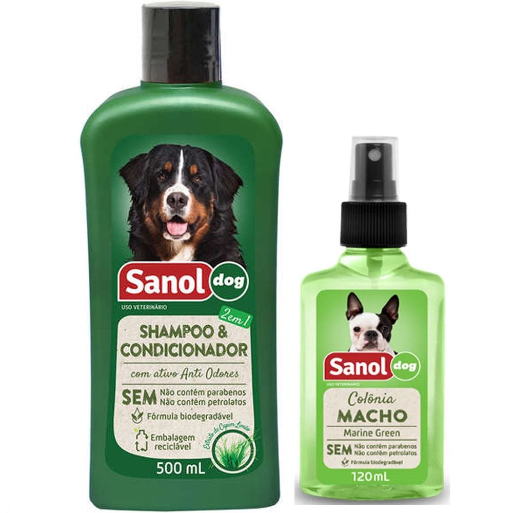 Kit Banho Cães: Shampoo com condicionador 2 em 1 e perfume macho para Cachorro Sanol