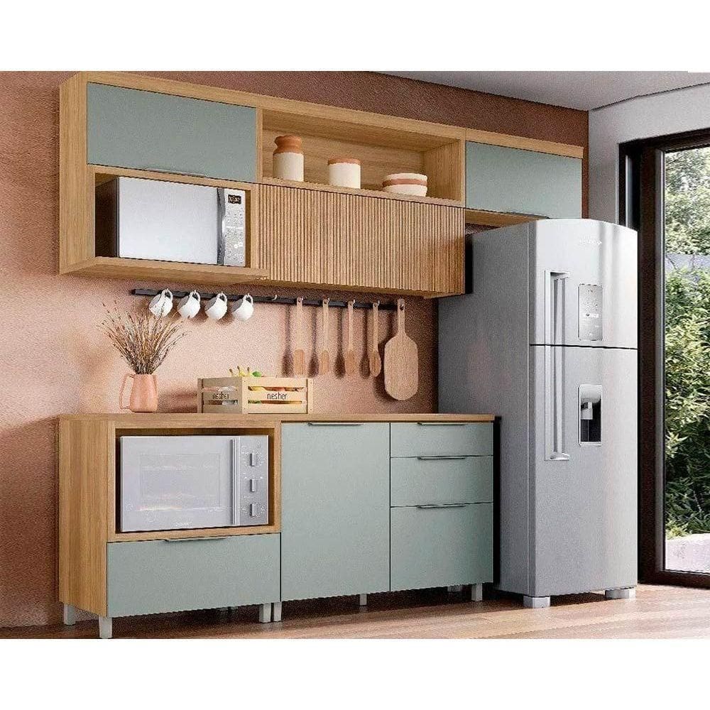 Cozinha Modulada Nesher Marquesa 5 Peças (3Aéreos+2Balcões) C5P35 Nature/Verde-Nesher