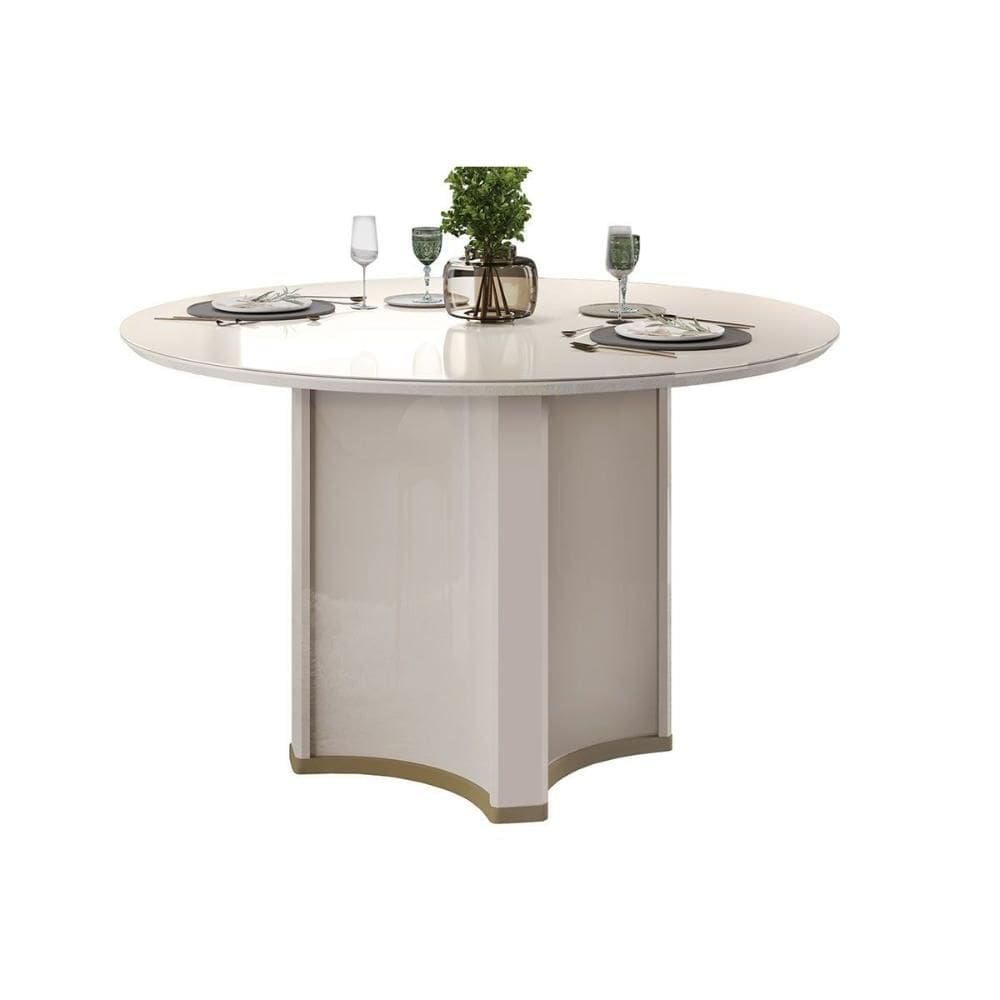 Mesa Multiuso Cozinha Chanel c/ Tampo Madeirado c/ Vidro Redondo 136x136cm Off White/Off White - DJ Móveis