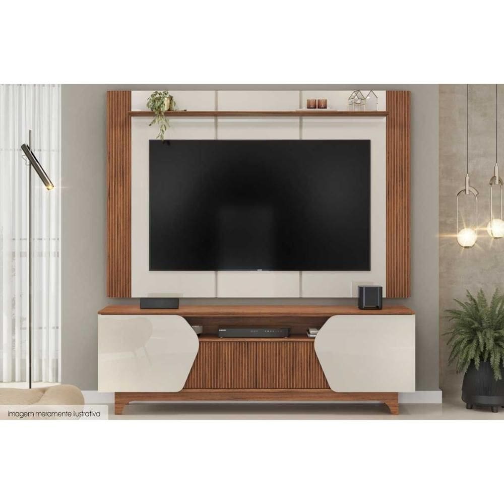 Estante p/ Sala até 75 Pol Helo c/ 4 Portas Off White/Freijó - DJ Móveis