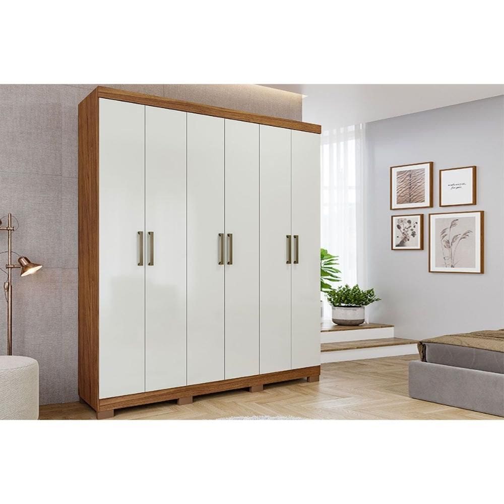 Guarda Roupa Casal 6 Portas e 2 Gavetas c/ 1 Espelho Interno Milena Cinamomo/Off White - Panan