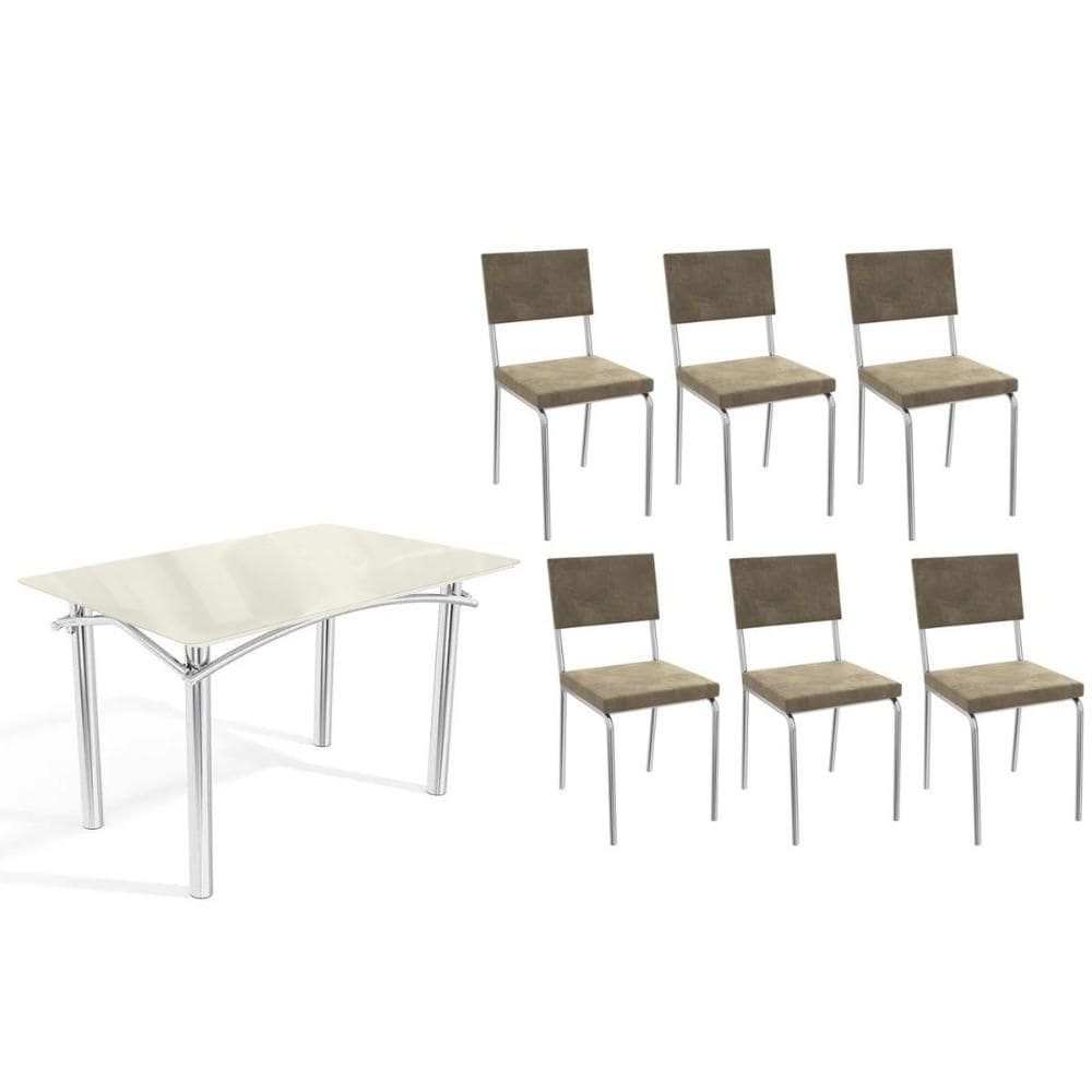 Conjunto: Mesa de Cozinha Elba Tampo Madeirado c/ Vidro 120cm e 6 Cadeiras Zaria Cromada/Off White - Suede Bege - Kappesberg