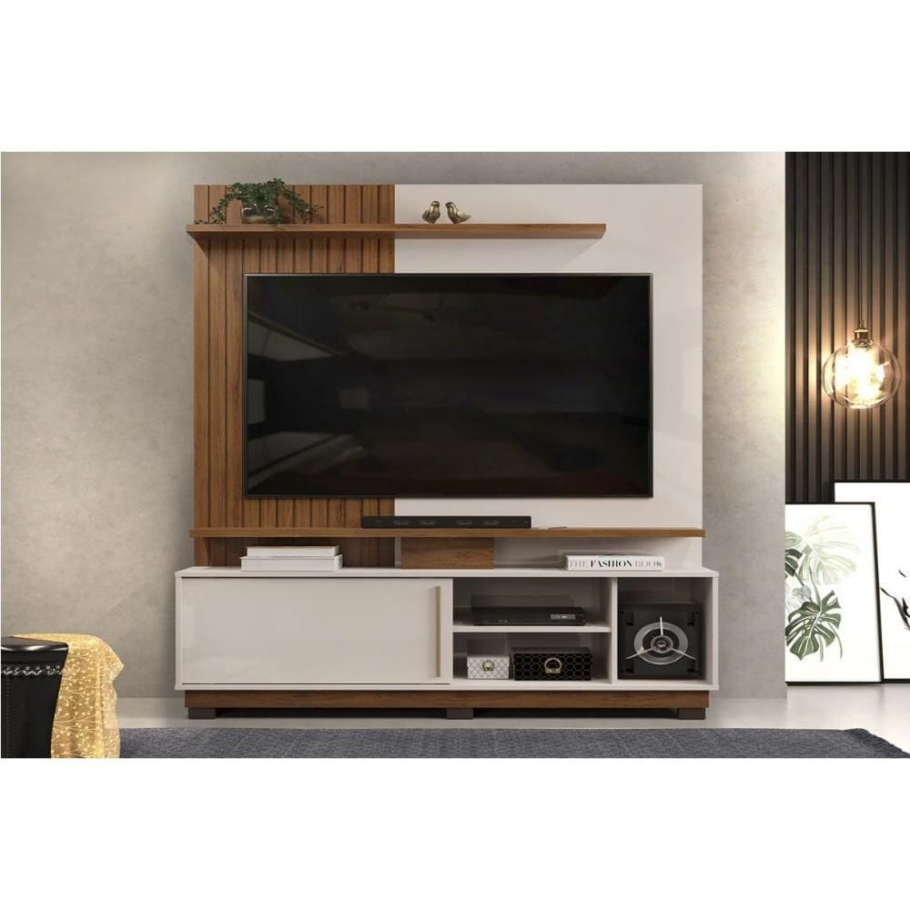 Rack Bancada c/ Painel p/ TV até 55 Pol Atenas 1 Porta 184x150cm Freijo/Off White - DJ Móveis