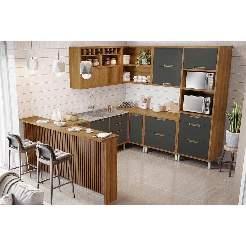 Kit Cozinha Modulada 9 Peças Imperatriz (3Aéreos+4Balcões+1TorreQuente+1Ilha) C9P62 Freijo/Grafite-Nesher