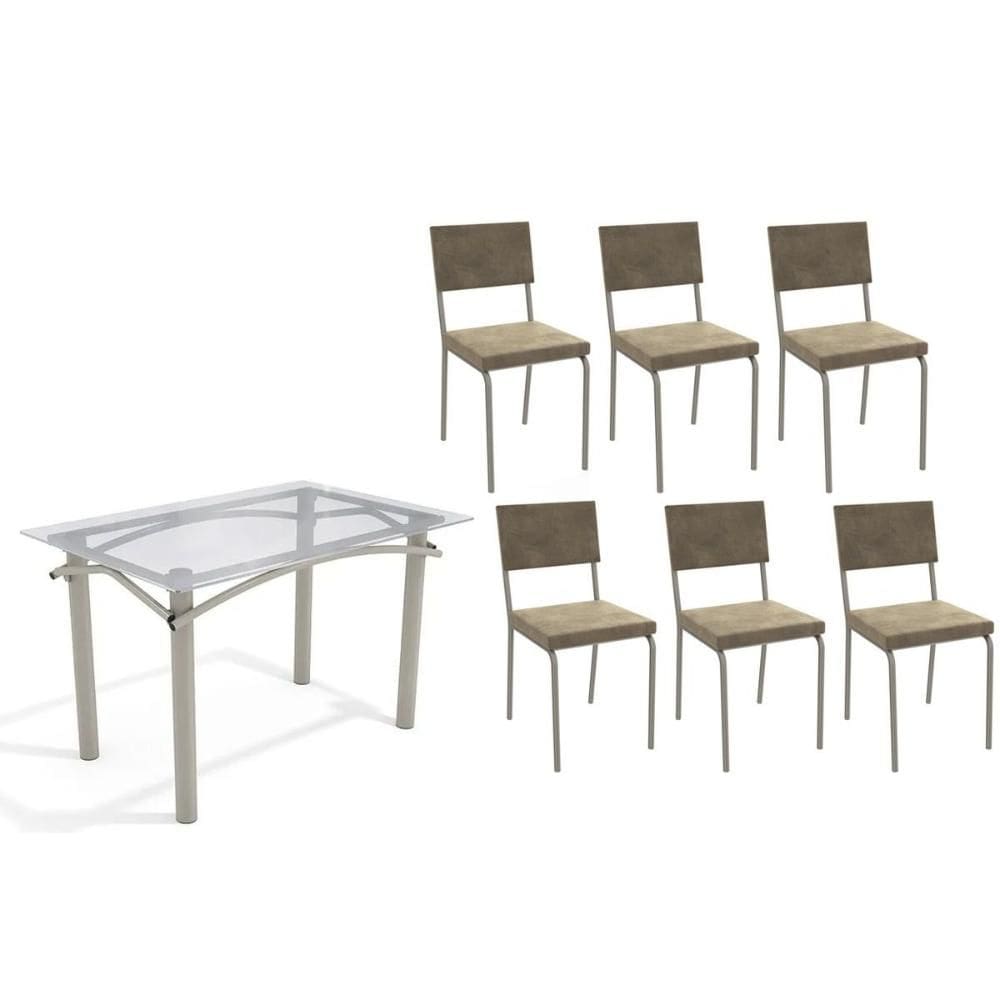 Conjunto: Mesa de Cozinha Elba c/ Tampo de Vidro 120cm e 6 Cadeiras Zaria Niquel - Suede Bege - Kappesberg