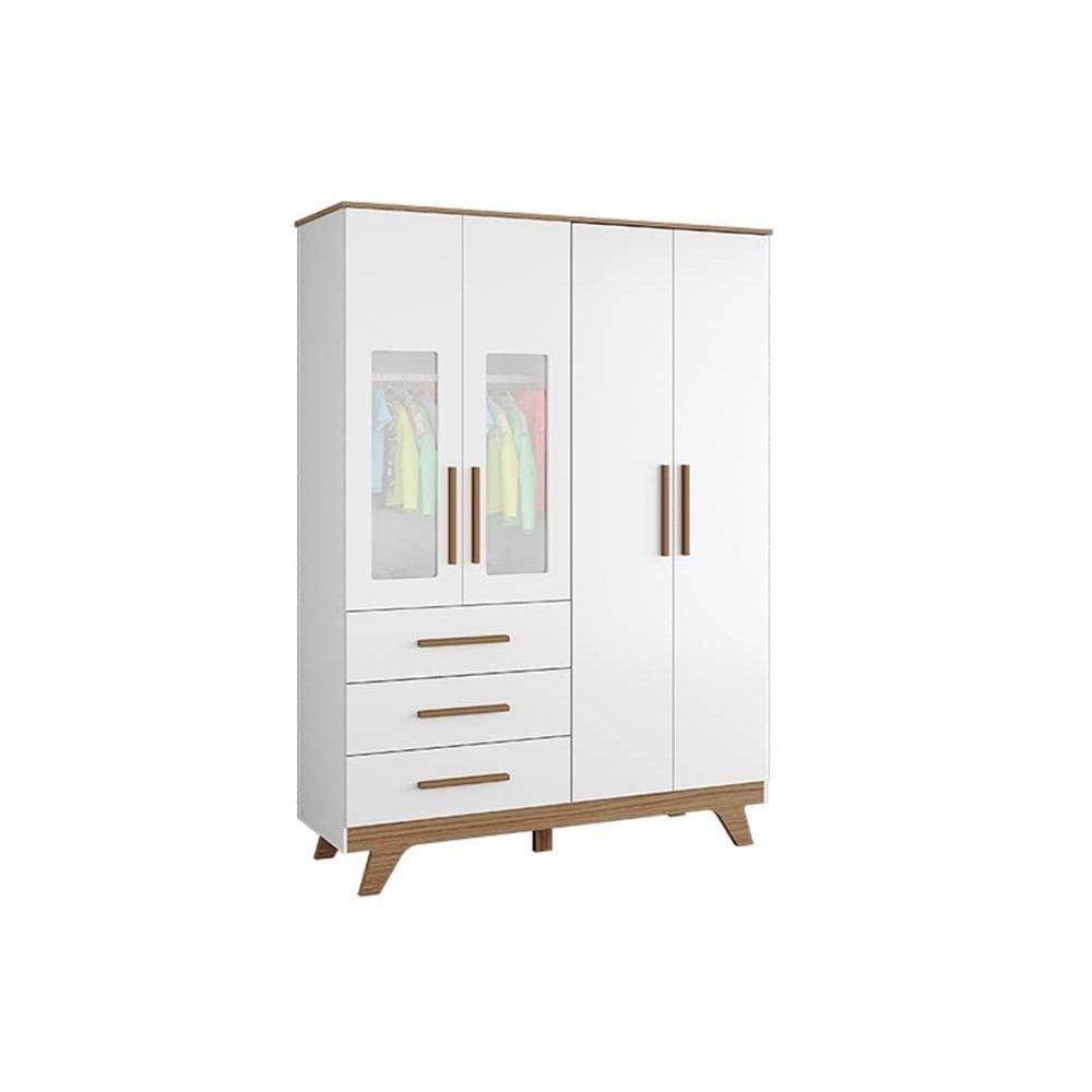 Guarda Roupa 3 Portas c/ 4 Portas (2 Cristal) e 4 Gavetas Retrô Branco/Amendoa - Peroba