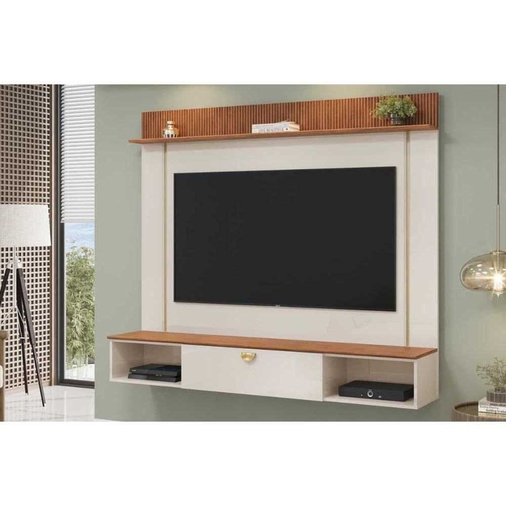 Painel Quarto p/ TV até 70 Pol Iza 176x152cm Off White/Freijó - DJ Móveis