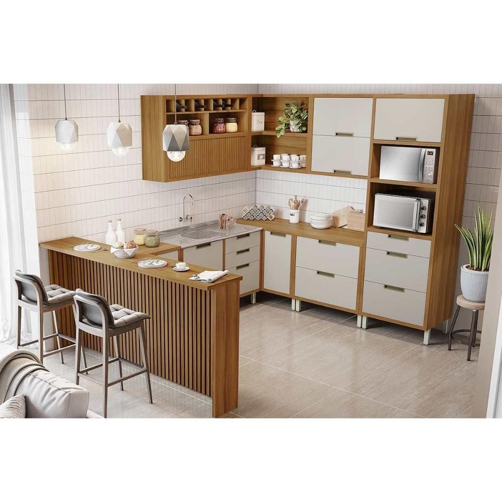 Cozinha Modulada Nesher Imperatriz 9 Peças (3Aéreos+4Balcões+1TorreQuente+1Ilha) C9P62 Freijo/Off White-Nesher