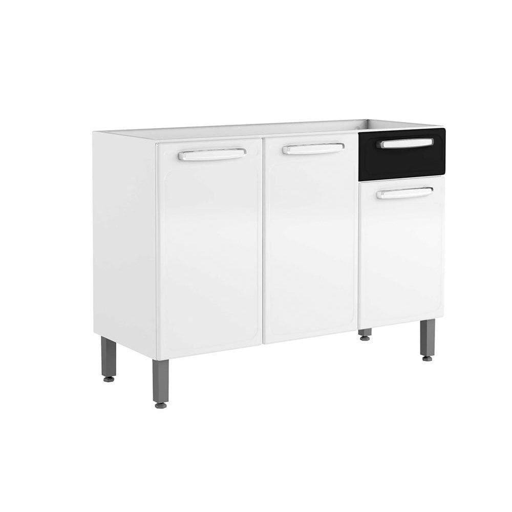 Gabinete p/ Pia Cozinha Balcão Evidence 7022 c/ 3 Portas e 1 Gaveta s/ Tampo 120cm Branco/Preto - Bertolini