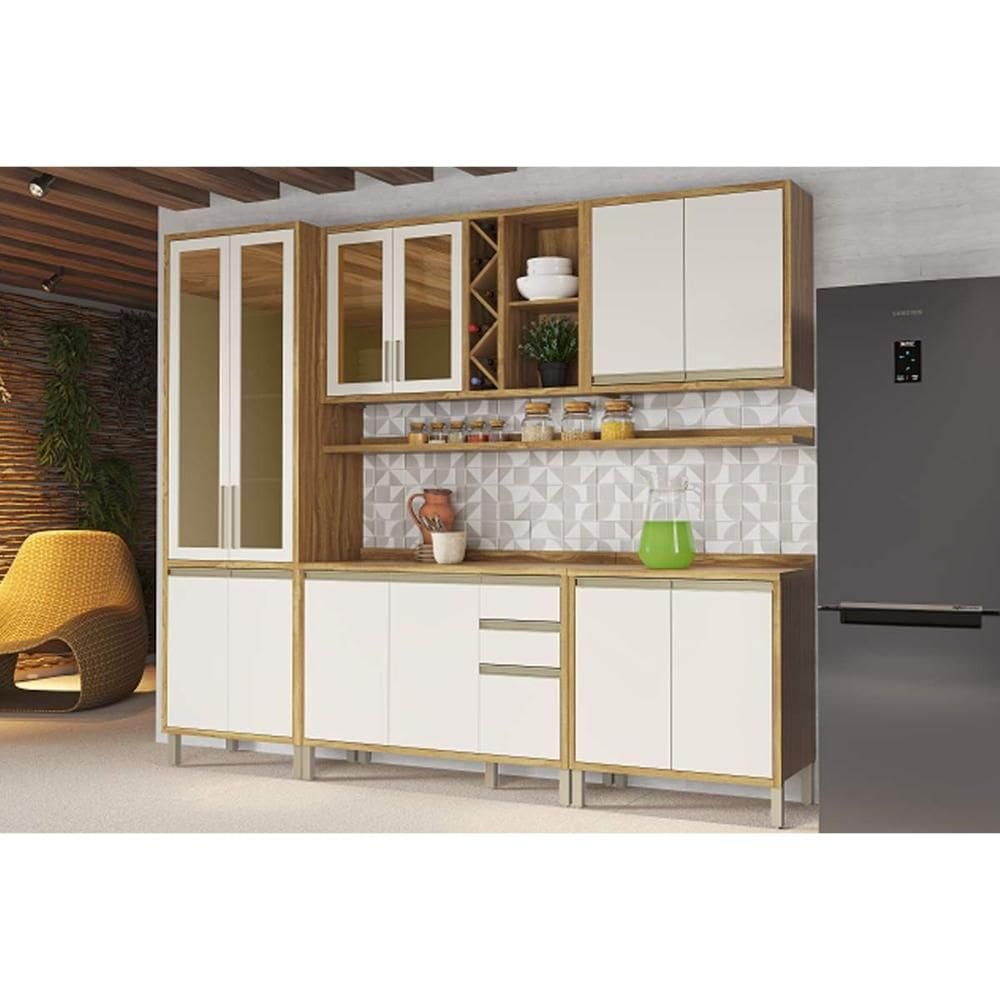 Cozinha Modulada Ronipa Tempranillo Tempranillo 7 Peças (2Aéreos+2Balcões+1Cristaleira+2Complementos) C7P77 Amendoa/Off White-Ronipa