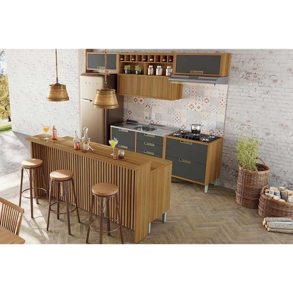 Cozinha Modulada Nesher Imperatriz 8 Peças (3Aéreos+4Balcões+1Ilha) C8P53 Freijo/Grafite-Nesher