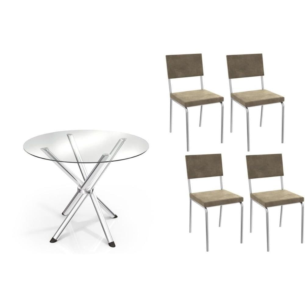 Conjunto: Mesa Sala Jantar Volga c/ Tampo de Vidro 95cm e 4 Cadeiras Zaria Cromada - Suede Bege - Kappesberg
