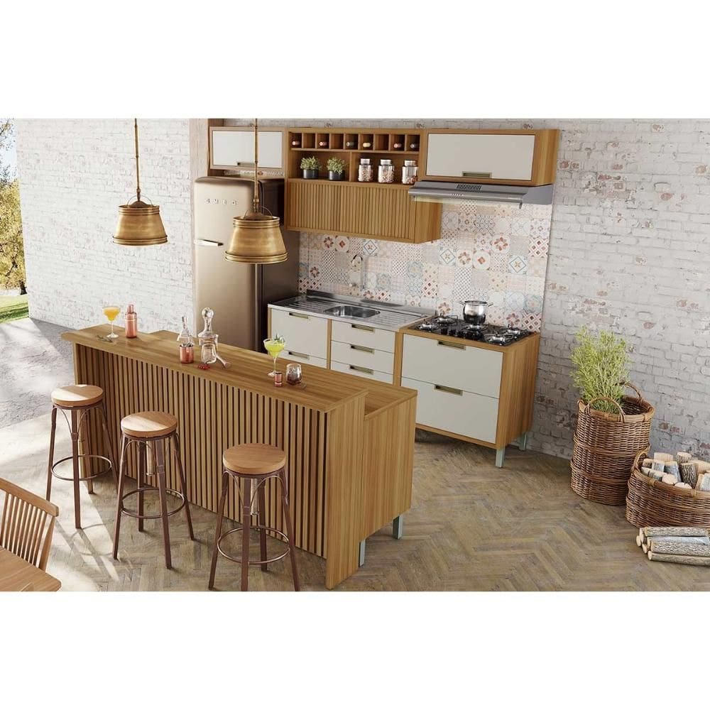 Cozinha Modulada Nesher Imperatriz 8 Peças (3Aéreos+4Balcões+1Ilha) C8P53 Freijo/Off White-Nesher