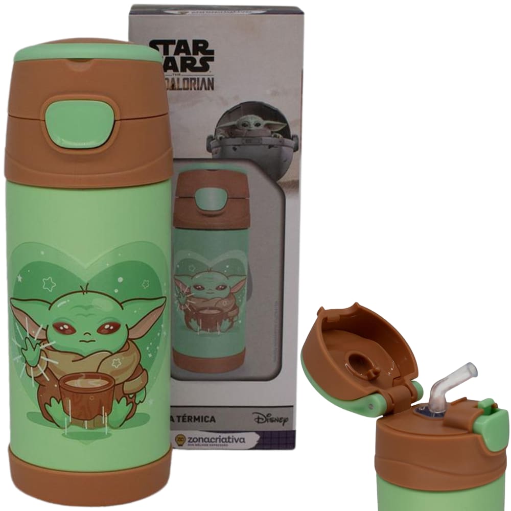 Garrafa Baby Yoda Grogu Térmica Quente Gelada Infantil Com Canudo De Silicone 350ML Oficial Star Wars Mandaloriano
