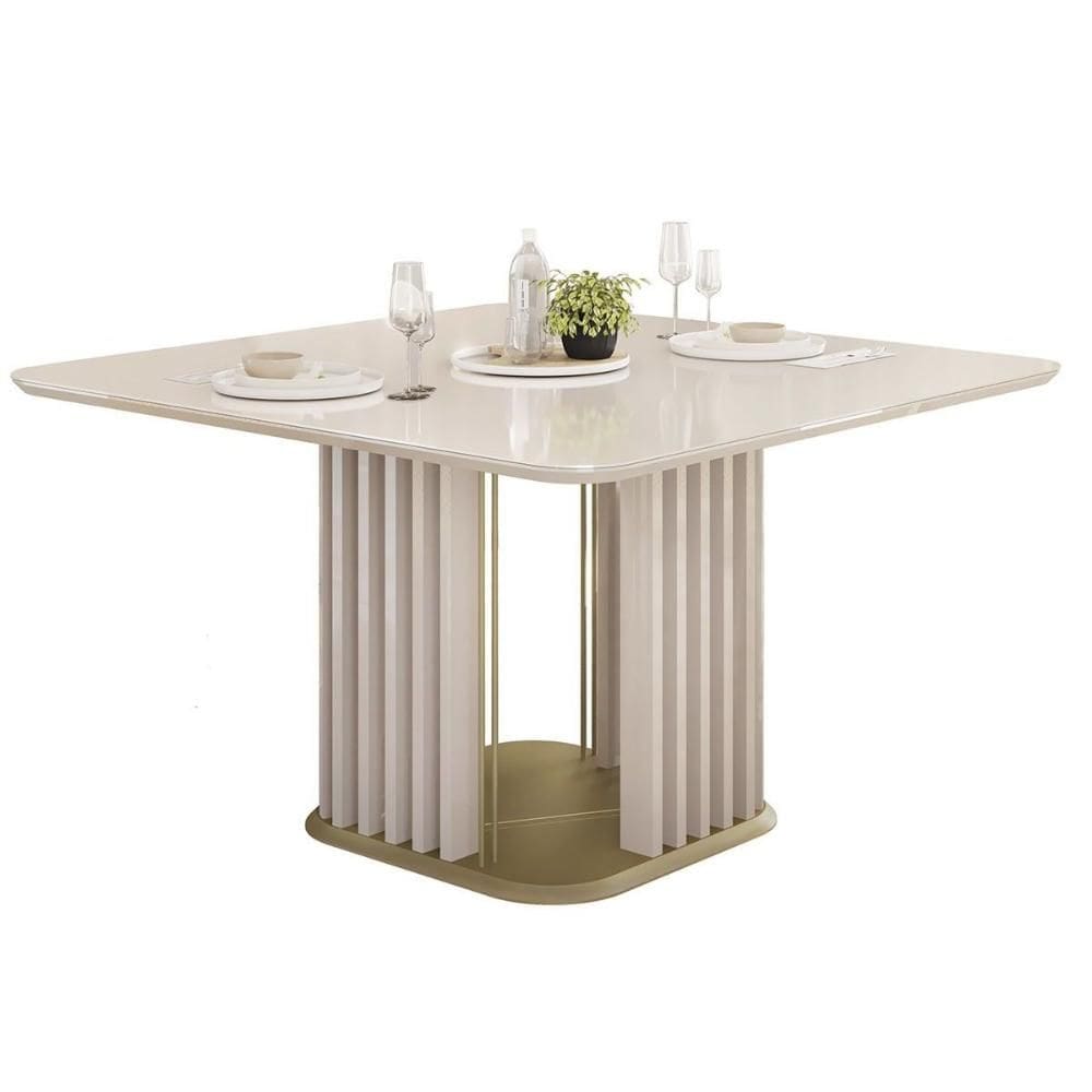 Mesa de Sala Jantar Melissa c/ Tampo Madeirado c/ Vidro Curvo 136x136cm Off White/Off White - DJ Móveis