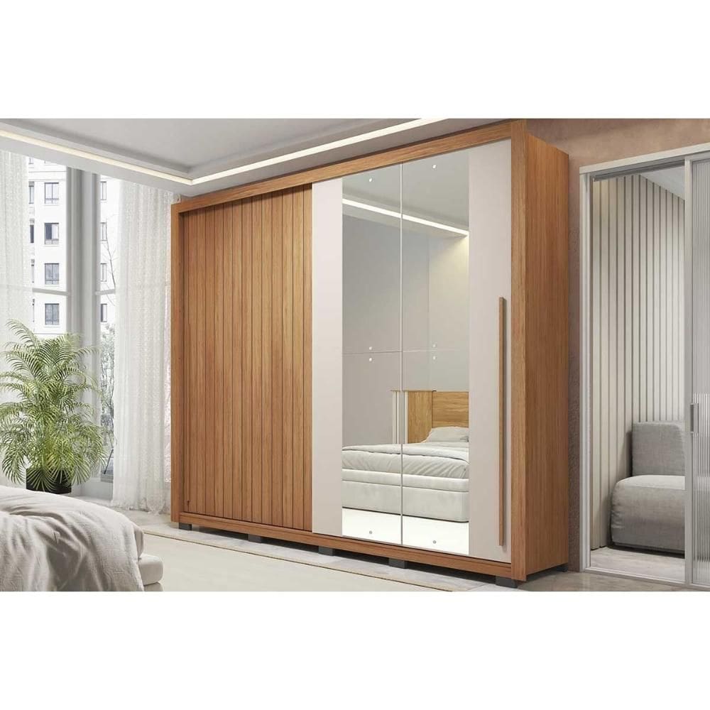 Guarda Roupa Casal 2 Portas de Correr (1 Ripada e 1 c/ Espelho) e 4 Gavetas Romanus Double Lux Freijo/Off White - Caemmun