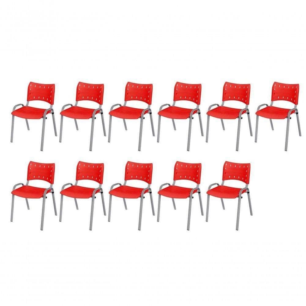 Cadeira Iso Base Cinza Escola, Escritório Vermelho Kit 11 Un