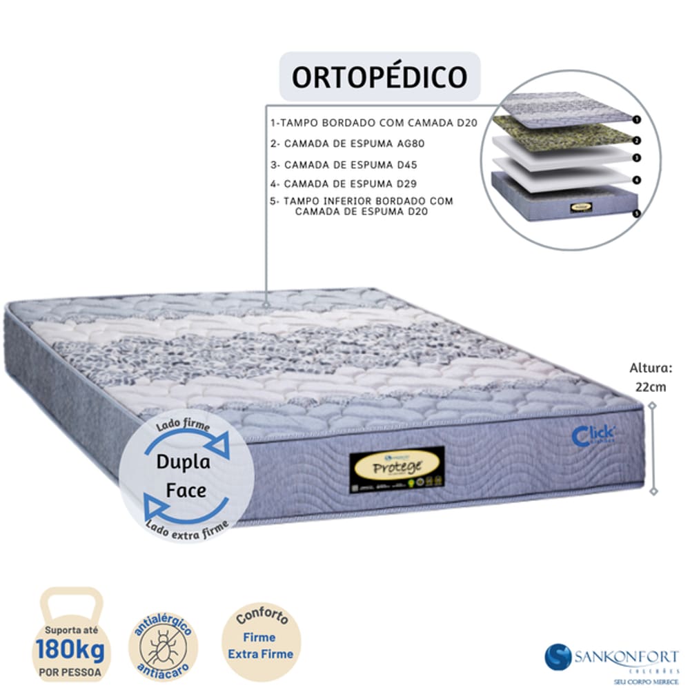 Colchão Sankonfort Protege Espuma Plus 90 Casal 138x188x22