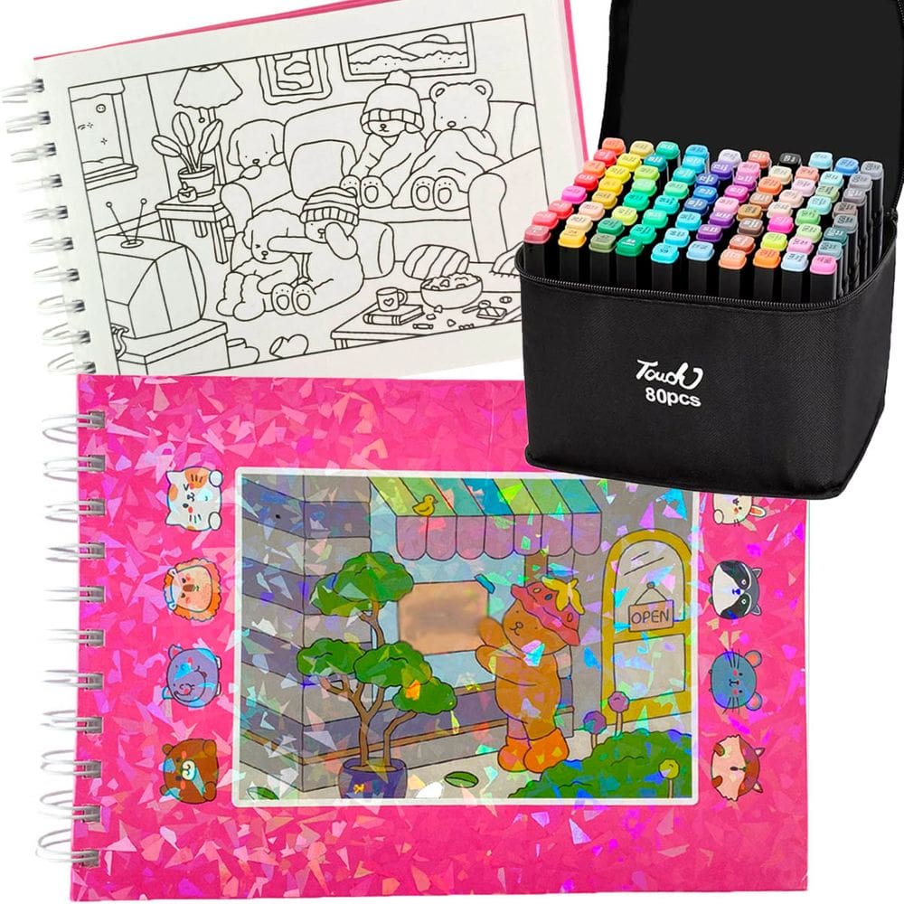 Livro De Pintar Canetinhas 80 Cores Capa Dura 100 Paginas Canetas Permanente Ponta Dupla
