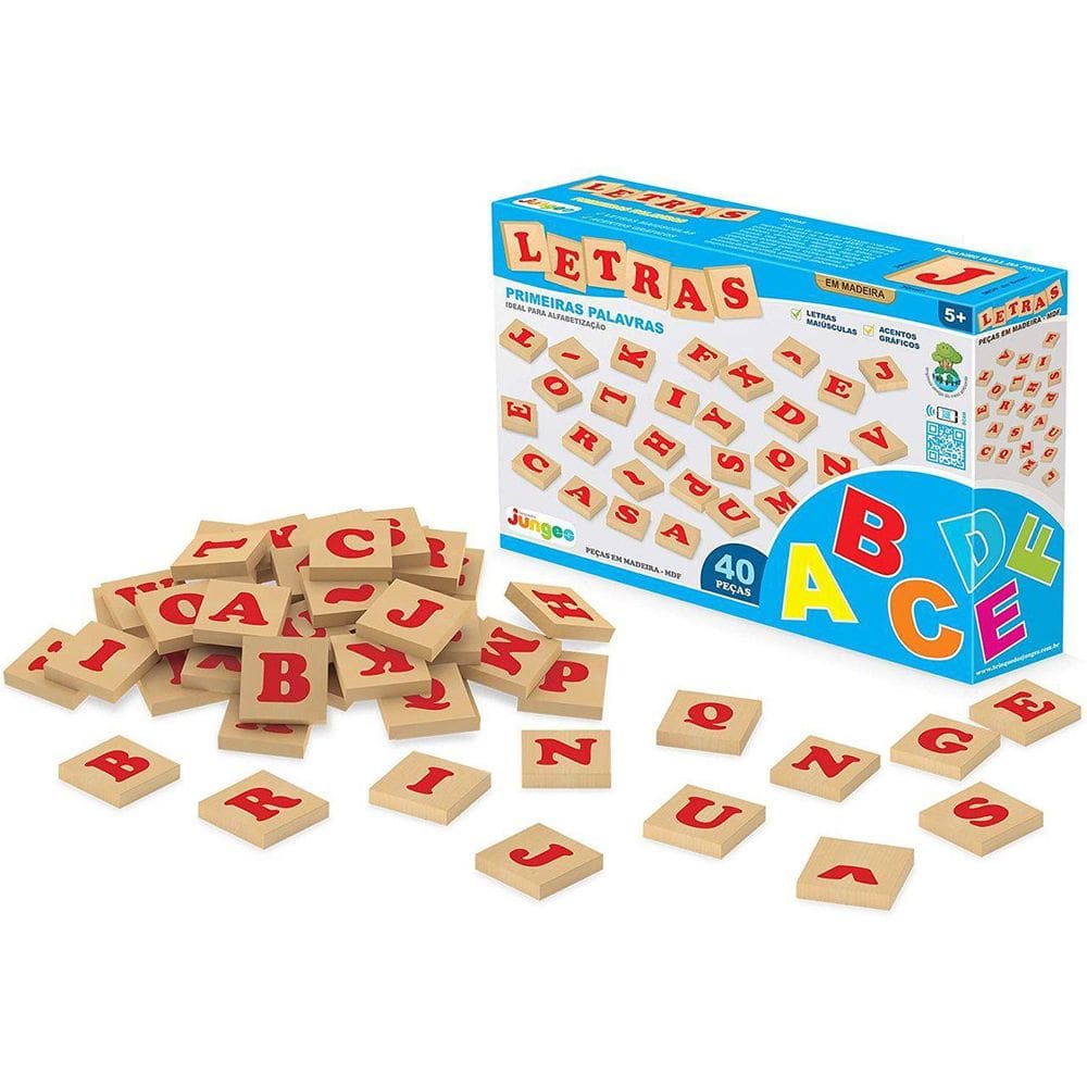Letras Mágicas Junges 40 Peças em Madeira MDF 6mm 3x3cm