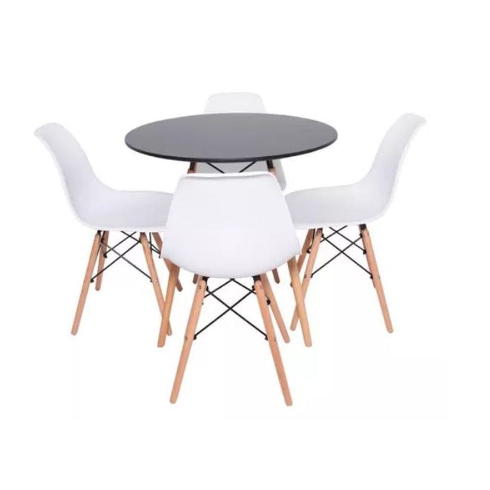 Conjunto de Mesa de Jantar Eames Eiffel Redonda 110cm Tampo de Madeira Preto com 4 Cadeiras Brancas