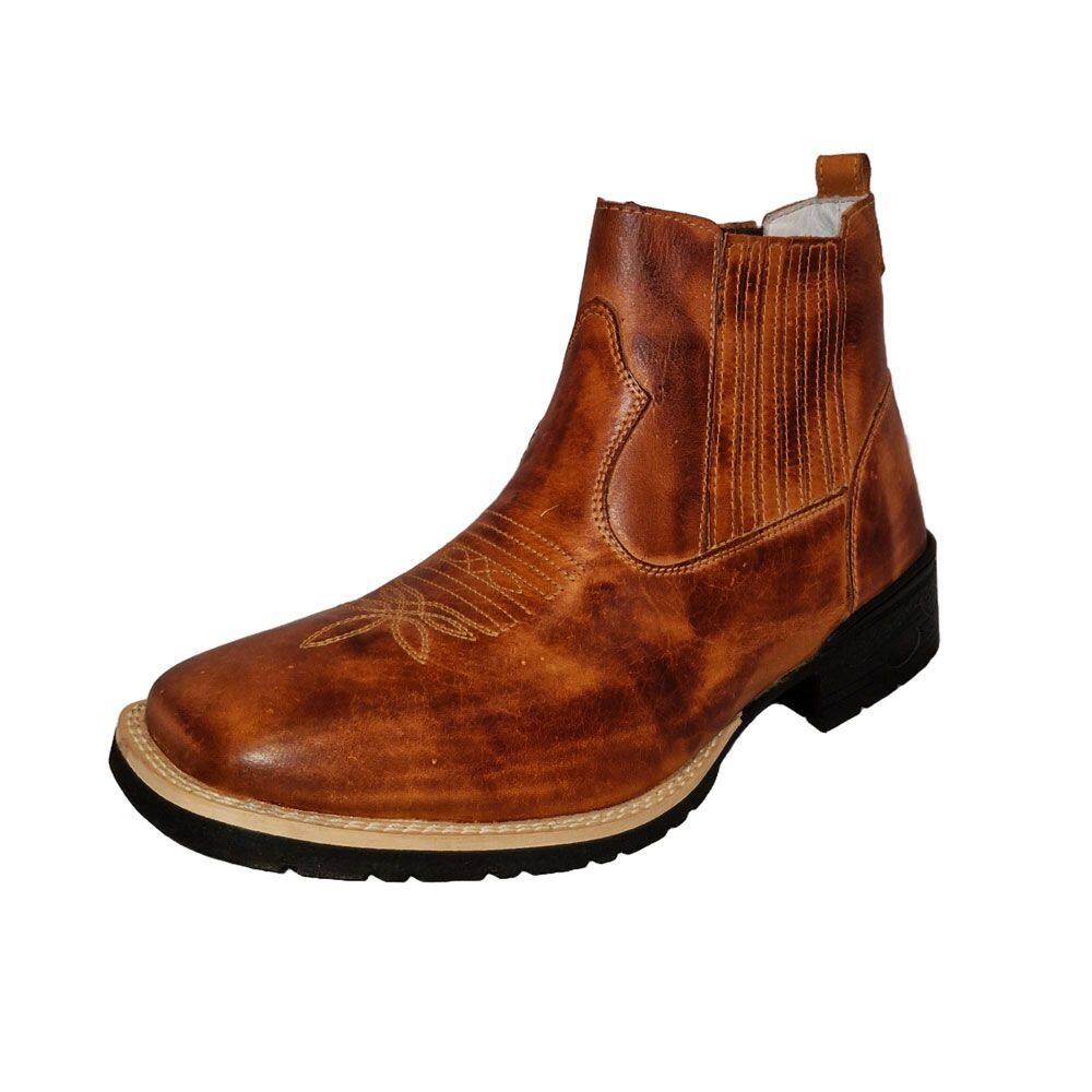Botina Texana Bordada Em Couro Masculina Solado Borracha Costura Manual Puxador Traseiro Premium