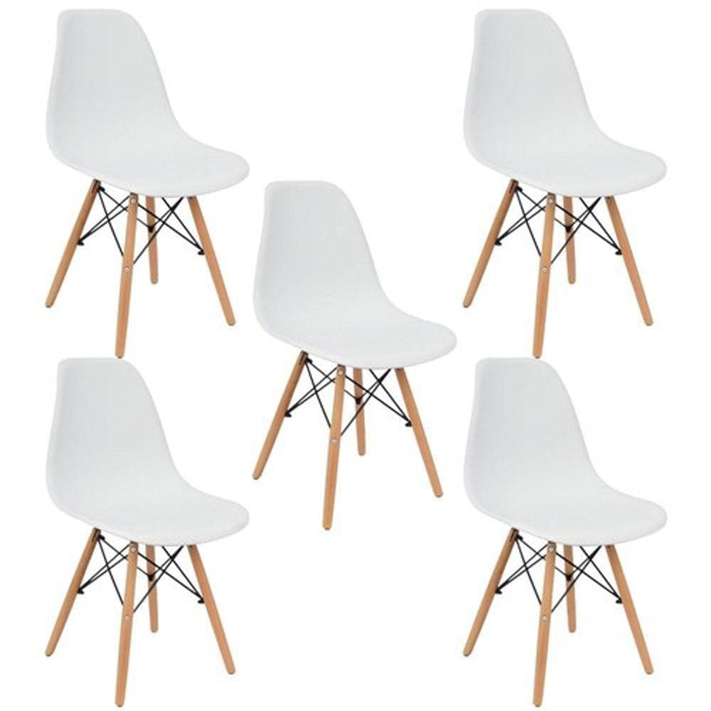 Conjunto 5 Cadeiras Eiffel Moderna Pé Palito Branca - Base Madeira