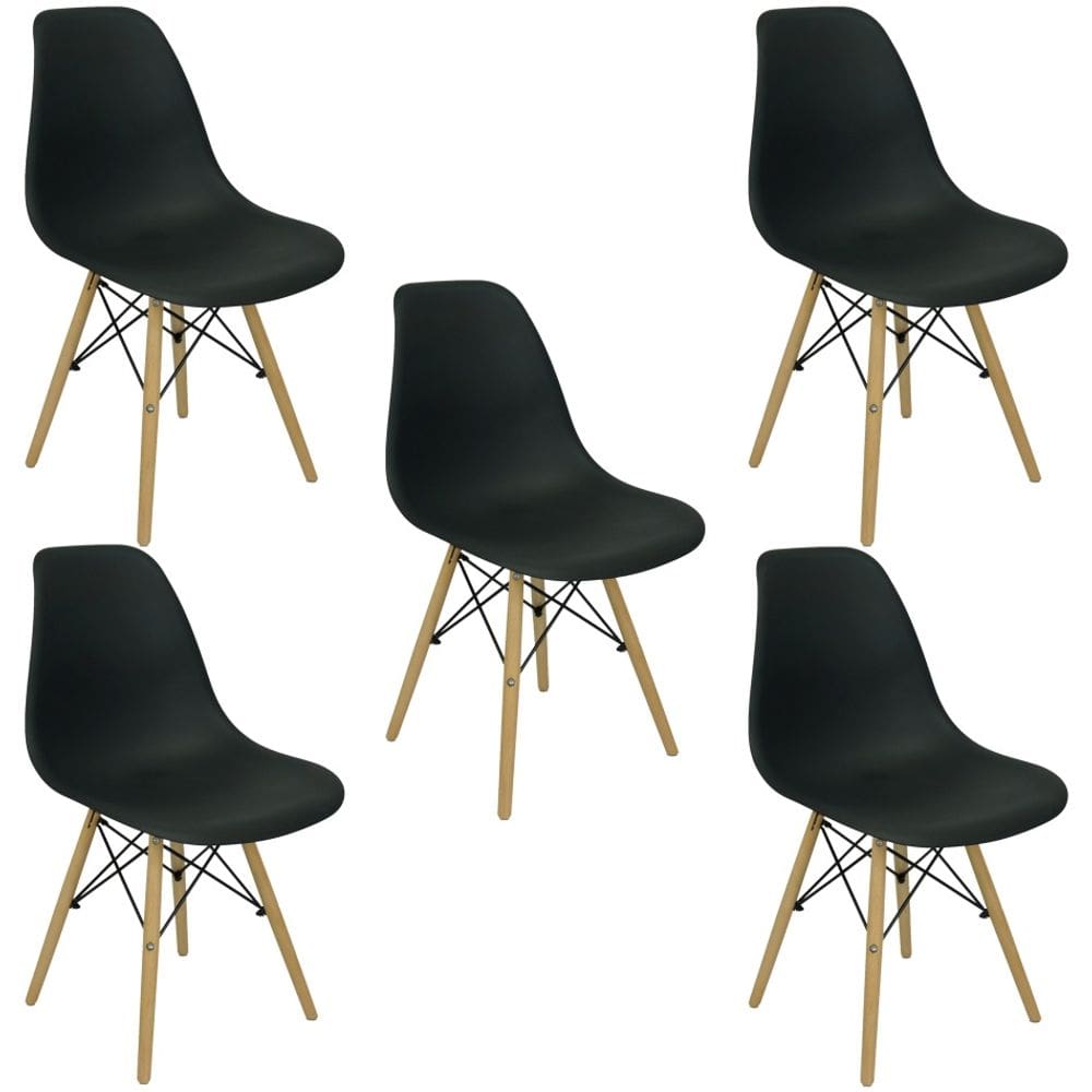 Kit com 5 Cadeiras Charles Eames Eiffel Pretas Base de Madeira, Design Moderno