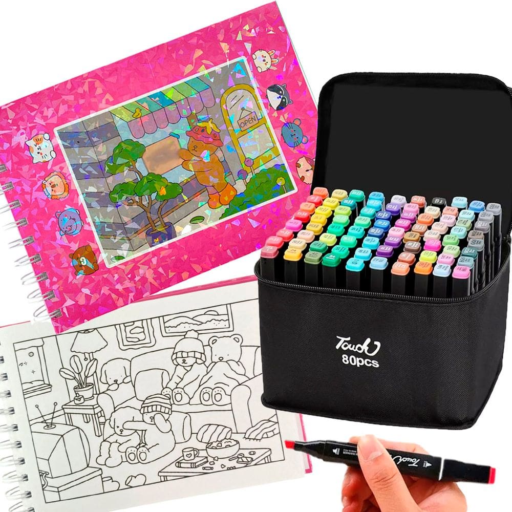Livro Pintar Colorir 100 Paginas Canetinhas 80 Cores Permanente Ponta Dupla Desenho Ursinho Fofo